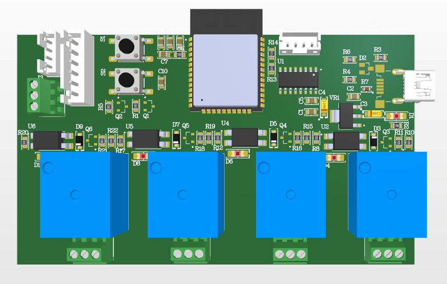 ESP32 röle kontrol kartının 3B taslak görünümü: üstte ESP32 modülü ve USB-C, altta dört mavi röle ve vidalı klemensler